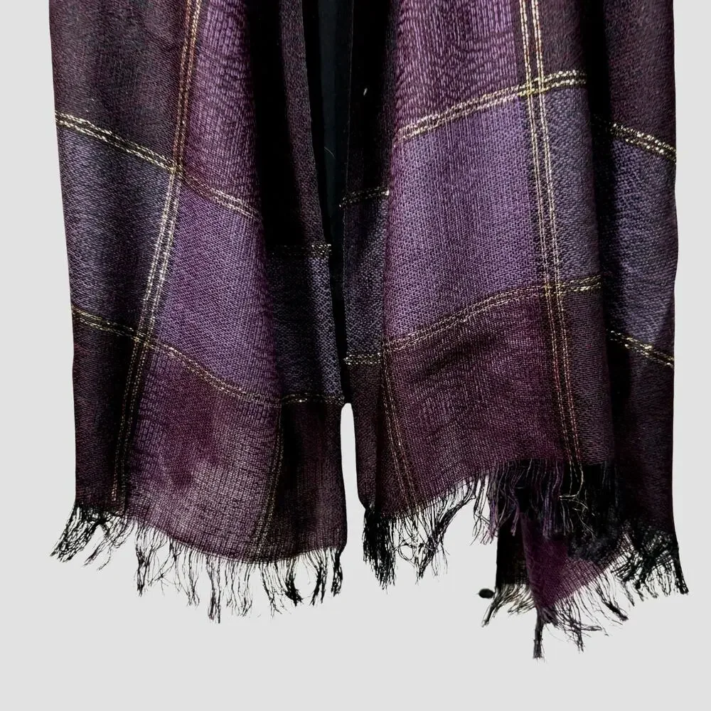 Purple Gold Woven Scarf Vintage Rectangle Scarf with Fringe Metallic 66 inch